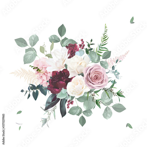 Blush pink rose, burgundy red peony, ranunculus, hydrangea, magnolia flowers vector design bouquet