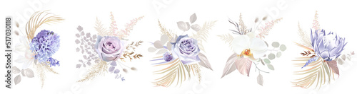 Purple mauve rose, violet hyacinth, magnolia, white orchid, protea, pampas grass, allium, dried palm vector flowers