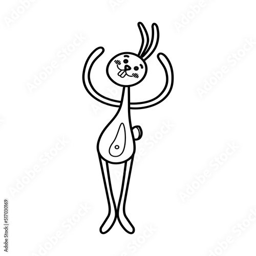 Cute cartoon hare line art. Animal rabbit. Eared bunny character stands in ballet position. Hand drawn vector doodle illustration. Black and white isolated element.