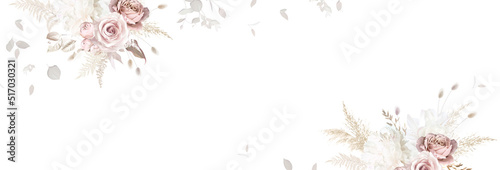 Modern beige and blush trendy vector design banner. Pastel pampas grass, white peony, pale magnolia, ranunculus