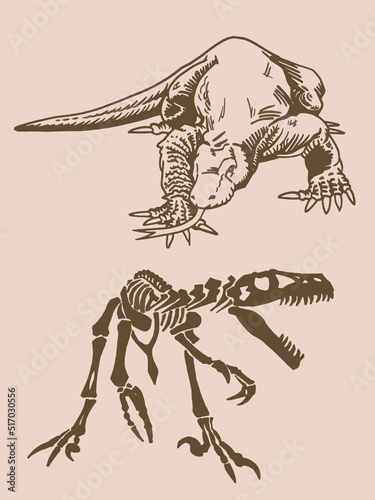 Vector skeleton of dinosaur and varan on sepia background,graphical vintage set of two