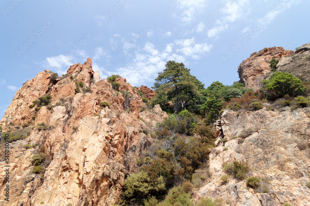 Red granite rock formations between Piana village in Corsica island