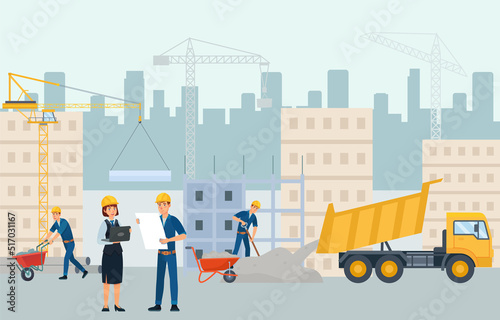 Flat houses construction site. People in uniform and helmets working and building block of flats. Manager and architect