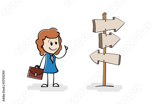 Cartoon smilling businesswoman on crossroad looking for right way forward to future. Woman stand in front of a choice. Woman having to choose between different choices. Concept of success and career.