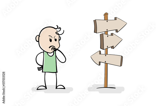 Cartoon stick man drawing conceptual illustration of frustrated man on crossroad thinks for right way to go. Man confused by directional sign. Man having to choose between tree different choices.