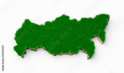 3d rendering of Russia map soil land geology cross section with green grass on white backgroundn photo