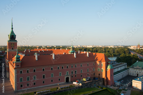Beautiful red builiding at Castle square, Warsaw. Aerial view