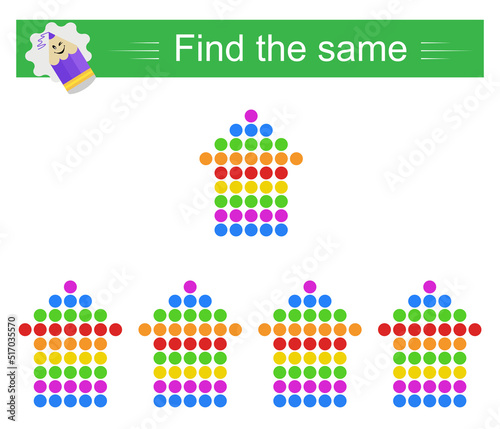 Puzzle game. Task for development of attention and logic. Need to find same house. Vector illustration