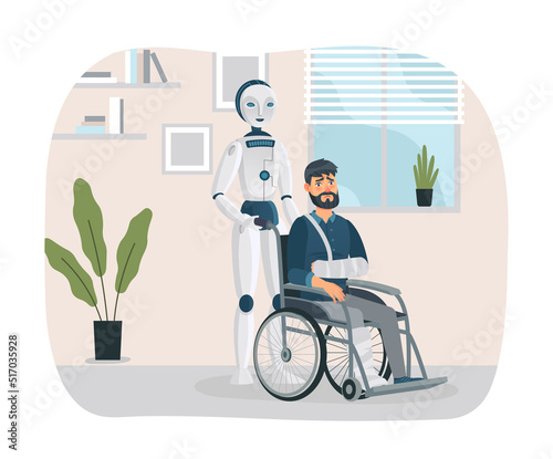 Robot interact with handicapped person. Cartoon cyborg pushing man with arm and leg injuries on wheelchair