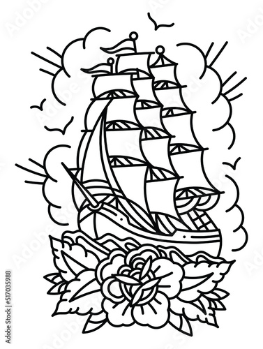 Ship boat old school tattoo on white background, vector illustration.
