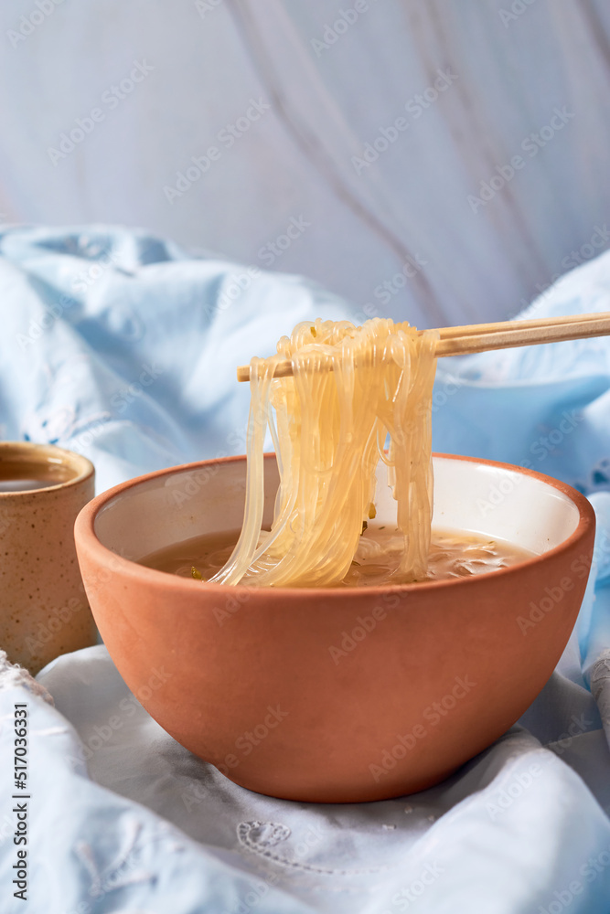 Rice noodle soup or Harusame with chicken, Asian food. Rice noodle soup or Harusame with chicken, Asian food.