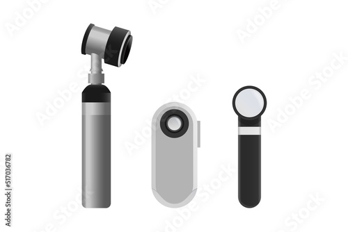 Dermoscope different designs isolated on white background. Medical device for skin disease diagnosis, mole, find the cause of cancer skin, tumor, or melanoma that call dermoscopy. photo