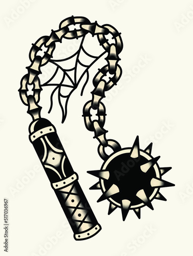 Vector illustration of flail in tattoo style. Black and white tattoo design element.