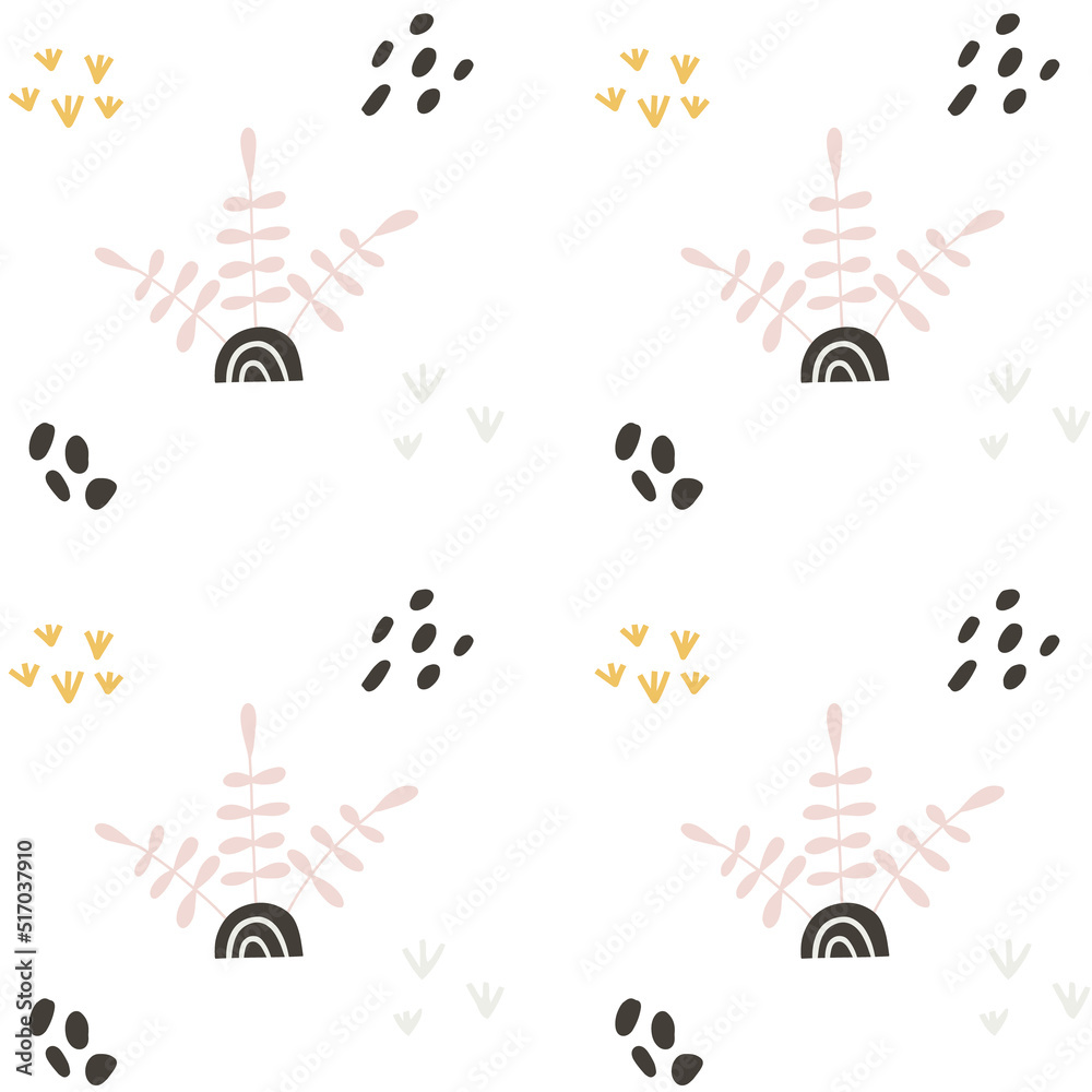 Obraz premium Seamless light coloured pattern with cute jungle, tropical plants and decorations. Kids design for fabric, wrapping, textile, wallpaper, apparel. Vector handdrawn illustration.