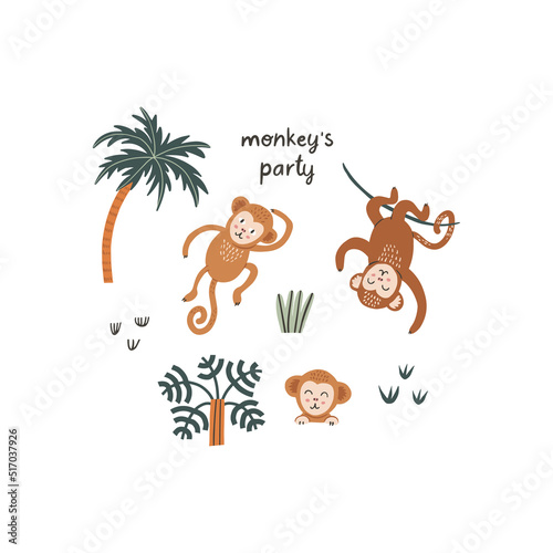 Set of funny monkey in different poses. Vector character in handdrawn style. Monkeys party. Kids illustration isolated on white background.