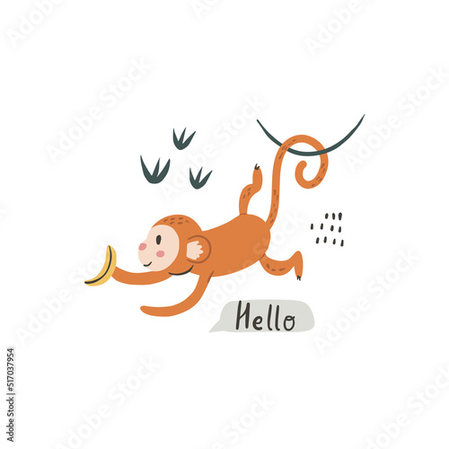 Wallpaper Mural Cute redhead monkey jumping with banana. Vector character in handdrawn style. Card, poster composition design. Kids concept illustration. Hello lettering. Torontodigital.ca