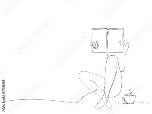 Continuous One Line Drawing. Female Hands with Book and Coffee Cup Single Line Art Illustration. Contour Drawing Minimalist Style. Vector Illustration.