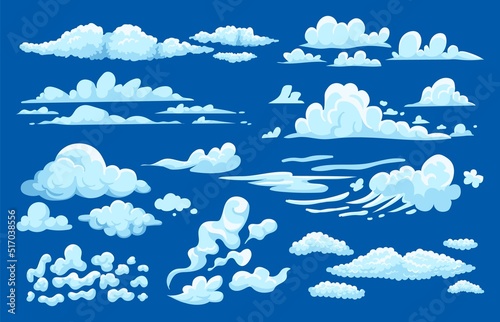 Cumulus clouds. Cartoon game UI 2D asset, summer cloudy sky background, sprite set of vapor fog mist and smoke. Vector cirrus and noctilucent clouds isolated set