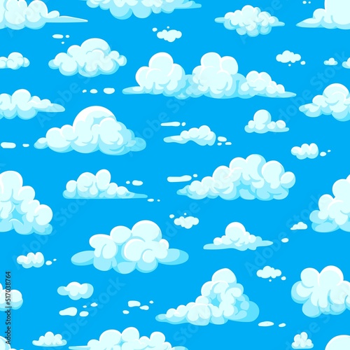 Cartoon clouds pattern. Seamless print of summer blue sunny sky with fluffy cumulus clouds, heaven sky background. Vector texture