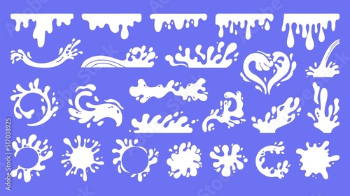 Cartoon milk stain. Falling milk drop shape, grocery logo of yoghurt liquid blots and splash, round spatter of various shapes. Vector white ink collection