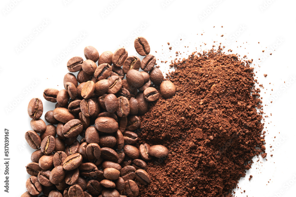 Roasted coffee beans different sort ground and whole isolated close up on white background Roasted coffee beans different sort ground and whole isolated close up on white background