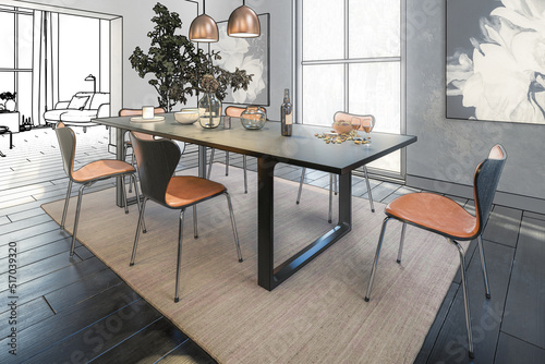 Table Group Inside a Loft Apartment (planning) - 3D Visualization