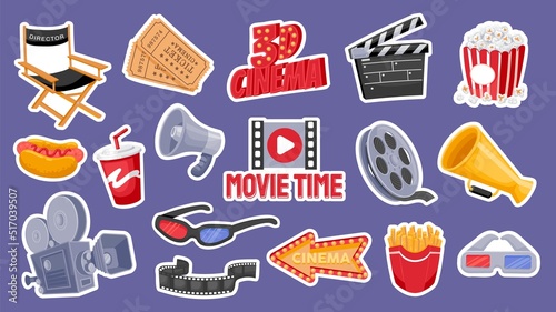 Cinema elements. Cartoon movie production and cinema theater 3D stickers of clapper popcorn camera tickets film bobbin. Vector motion picture icons isolated set
