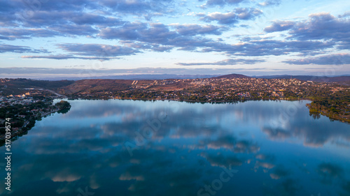 Lagoa Santa, Belo Horizonte, Brazil. Beautiful lagoon in a tourist town in Minas Gerais. Aerial photo with clouds reflecting in the calm lagoon