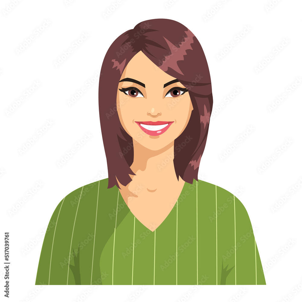 Portrait of a smiling young woman with brown hair. Beautiful girl in green clothes isolated on white background. Avatar of a happy woman. Vector. Portrait of a smiling young woman with brown hair. Beautiful girl in green clothes isolated on white background. Avatar of a happy woman. Vector.