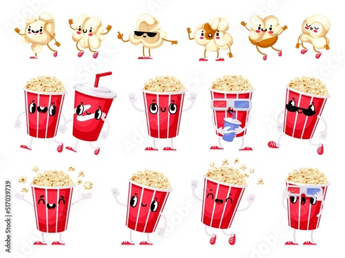 Popcorn mascot. Cartoon sweet and salty popping corn movie fun snack character with cute happy face, hands and legs. Vector food for TV series and cinema watching