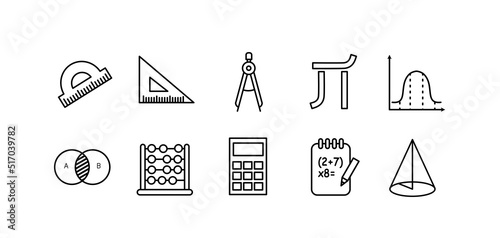 Matematyka  zestaw ikon, ekierka, kątomierz,  cyrkiel, kalkulator, obliczenia, geometria, liczydło , zbiory funkcje photo