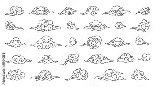 Oriental line clouds. Chinese Japanese Korean Asian outline ornamental pattern, curly decorative cloudy sky background. Vector Tibetan festive graphic set