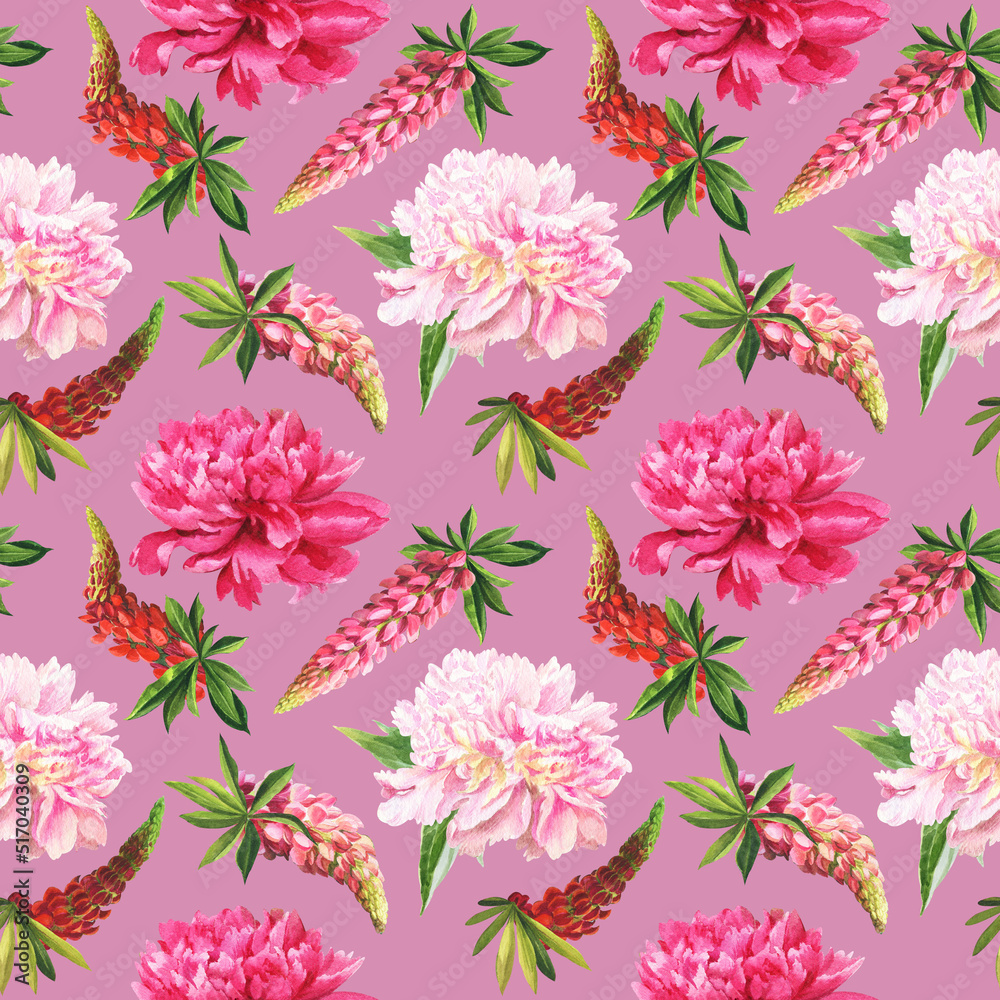 Watercolor summer flowers - colorful peonies in botanical styl. Seamless pattern