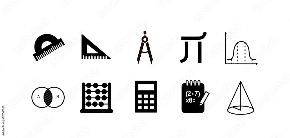 Matematyka zestaw ikon, ekierka, kątomierz, cyrkiel, kalkulator, obliczenia, geometria, liczydło , - obrazy, fototapety, plakaty 