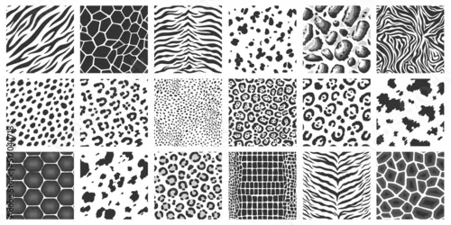 Obraz Black animal texture. Fashion safari print, seamless wild leopard giraffe tiger zebra skin background. Vector fabric collection with mammal fur and reptile pattern