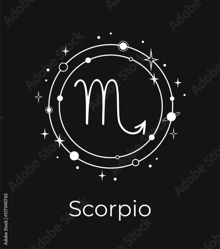 White Scorpio sign with planets and stars on a black background
