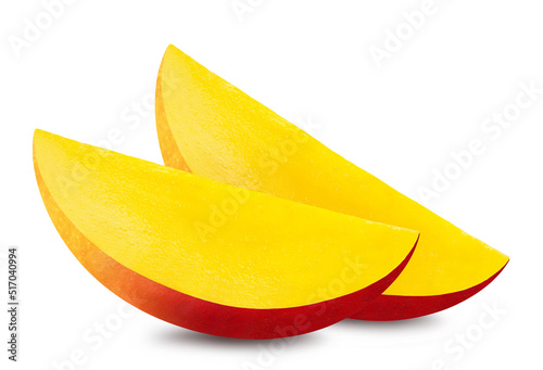Mango isolated. Two juicy slices of ripe mango. Fresh fruits.