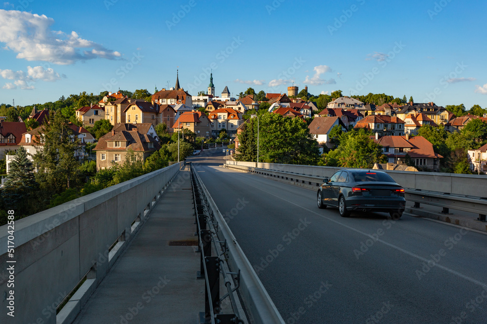 Bridge over the river Luznice and the city of Tabor in the background. Czechia