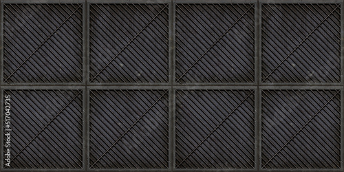Fototapeta Naklejka Na Ścianę i Meble -  Seamless steel floor plate background texture. Tileable industrial rusted scratched metal grate or grille bulkhead panel pattern. 8K high resolution silver grey rough metallic iron 3D rendering..