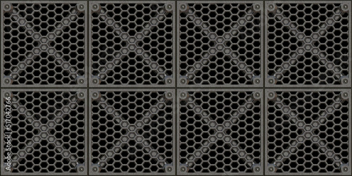 Seamless steel floor plate background texture. Tileable industrial rusted scratched metal grate or grille bulkhead panel pattern. 8K high resolution silver grey rough metallic iron 3D rendering.. photo