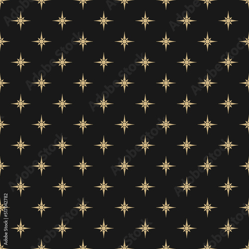 Vector geometric texture with small golden stars, diamonds, floral silhouettes. Abstract black and gold seamless pattern. Simple minimal background. Luxury repeat design for decor, fabric, package