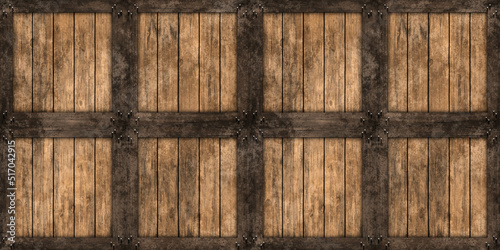 Fototapeta Naklejka Na Ścianę i Meble -  Seamless wood barrel or wooden crate or shipping box background texture. Tileable rustic grunge redwood or oak planks with wooden straps. Vintage winery freight or storage concept 3D rendering..