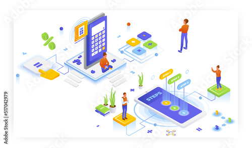 Online calculator, math equation solver app, vector isometric illustration. Algebra, calculus problems solving in steps.
