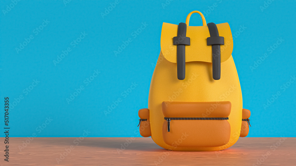 Fototapeta premium Yellow backpack on blue background. Bag with shoulder straps, satchel rucksack. School stationery. Education day concept. 3d Rendering illustration.