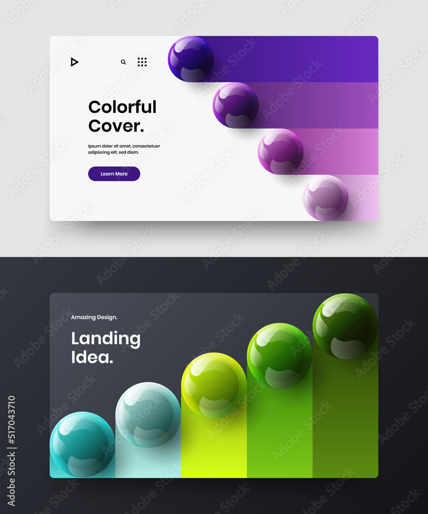 Original realistic spheres postcard illustration composition. Fresh site screen vector design template collection.