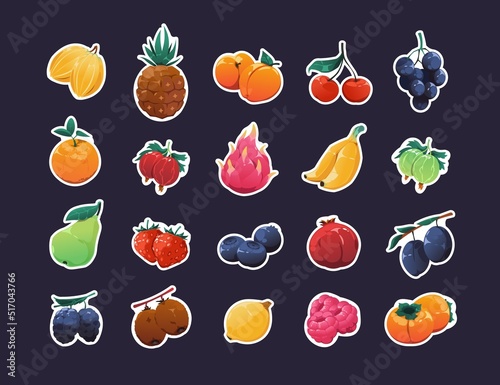 Cartoon fruit stickers. Fresh colorful organic fruits graphic bundle, sprite game asset of apple, apricot strawberry pineapple pomegranate raspberry. Vector set