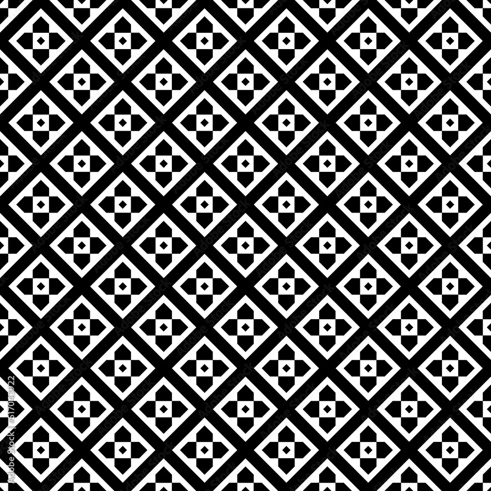 Repeated black figures and lines on white background. Ethnic wallpaper. Seamless surface pattern design with floral ornament. Polygons motif. Digital paper for textile print, web designing. Vector