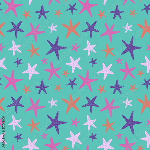 Seamless vector pattern with sketch of starfish. Sea seamless vector pattern. Decoration print for wrapping, wallpaper, fabric. 