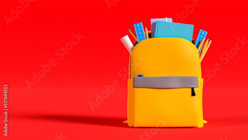 Yellow school backpack with different colorful stationery products. On red background. Education and study back to school, rulers, notebooks and pencils. 3d rendering illustration.