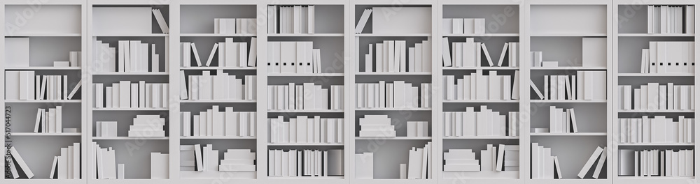 Different size and monochrome books on white bookshelf. Studying, education, and e-learning concepts. Education day, success concept. 3d Rendering illustration. Different size and monochrome books on white bookshelf. Studying, education, and e-learning concepts. Education day, success concept. 3d Rendering illustration.